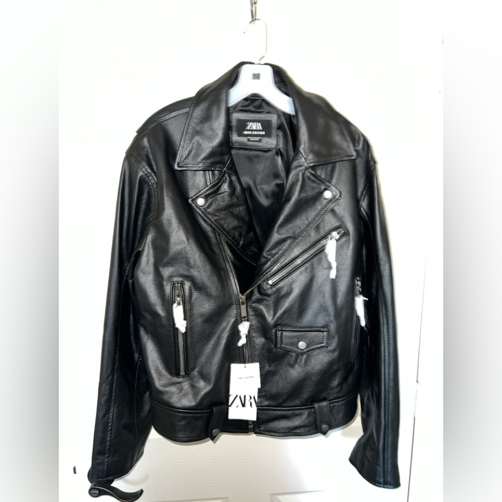 Zara 100% Mens Black Leather Moto Biker Jacket